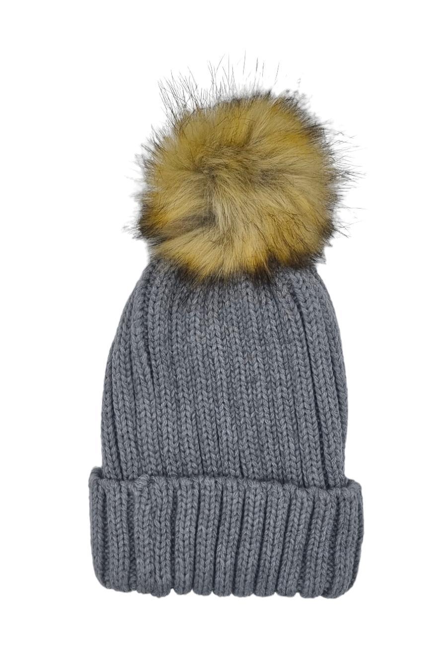 Gray hat with fur ball