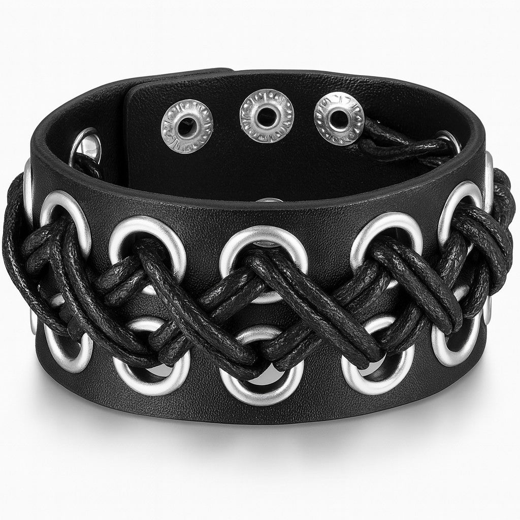 Läderarmband med flätad snörning och metalldetaljer – produktbild – Hiprock