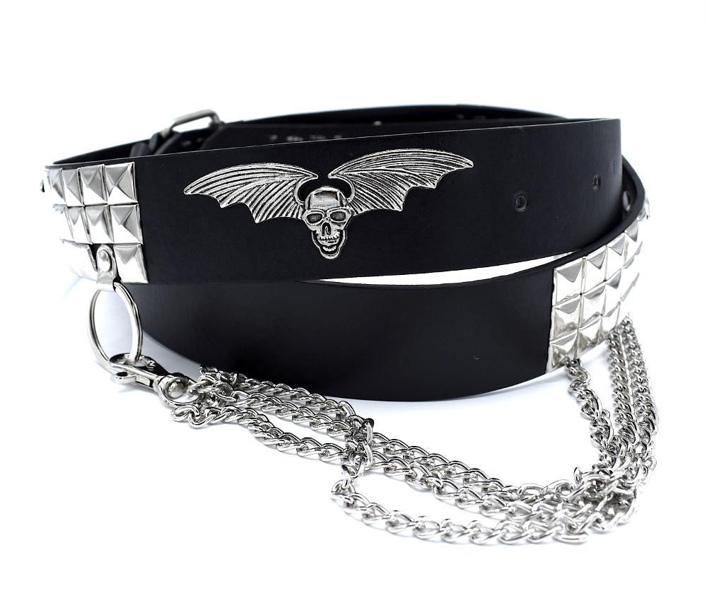 Black rivet belt with silver chains Skull