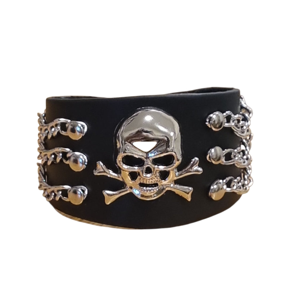 Brett läderarmband med dödskalle och kedjedetaljer – Svart