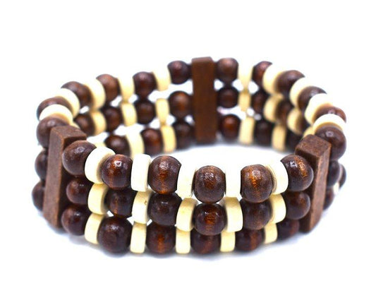 Brown and white Pearl bracelet triple - Elastic