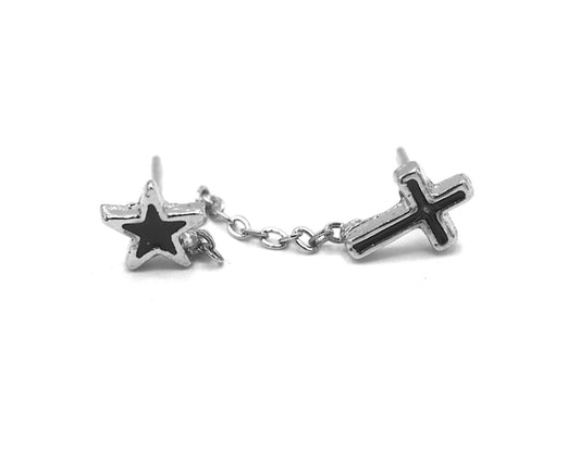 Double earrings with cross, star and chain