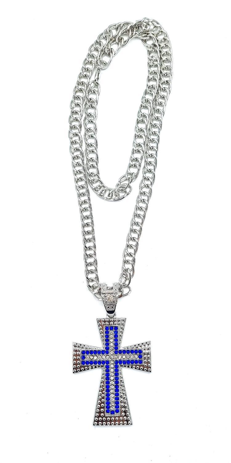 Cross necklace with white and blue stones