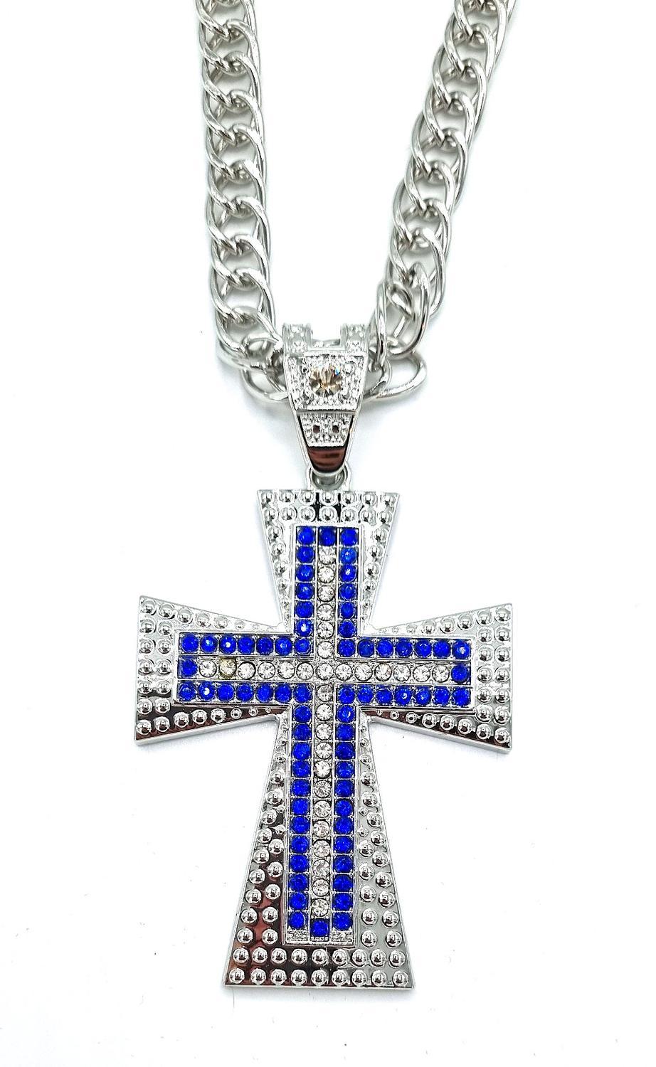 Cross necklace with white and blue stones