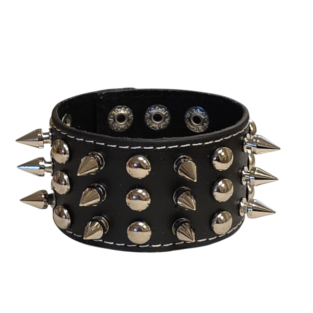 Läderarmband med Spikar och Runda Nitar – Svart