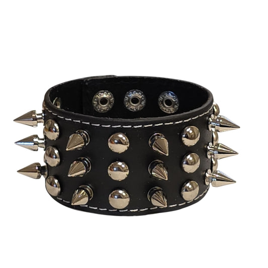 Läderarmband med Spikar och Runda Nitar – Svart