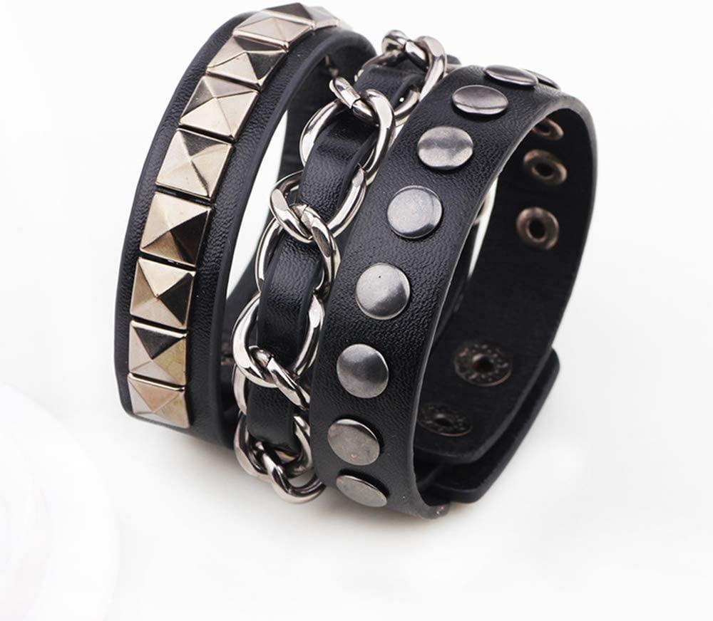 Leather bracelet with chain, pyramid and round rivets