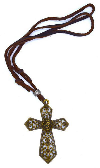 Leather necklace with cross and rose