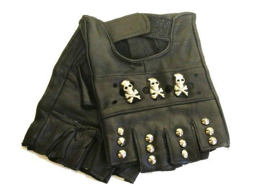 Fingerless leather gloves - Skull and round studs