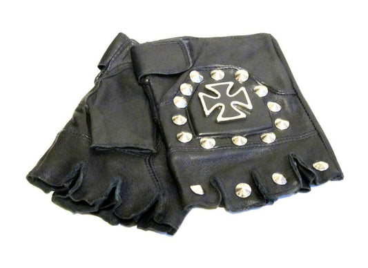 Leather gloves fingerless - Cross and round studs