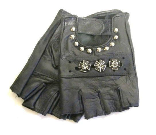 Leather gloves fingerless - Cross and round studs
