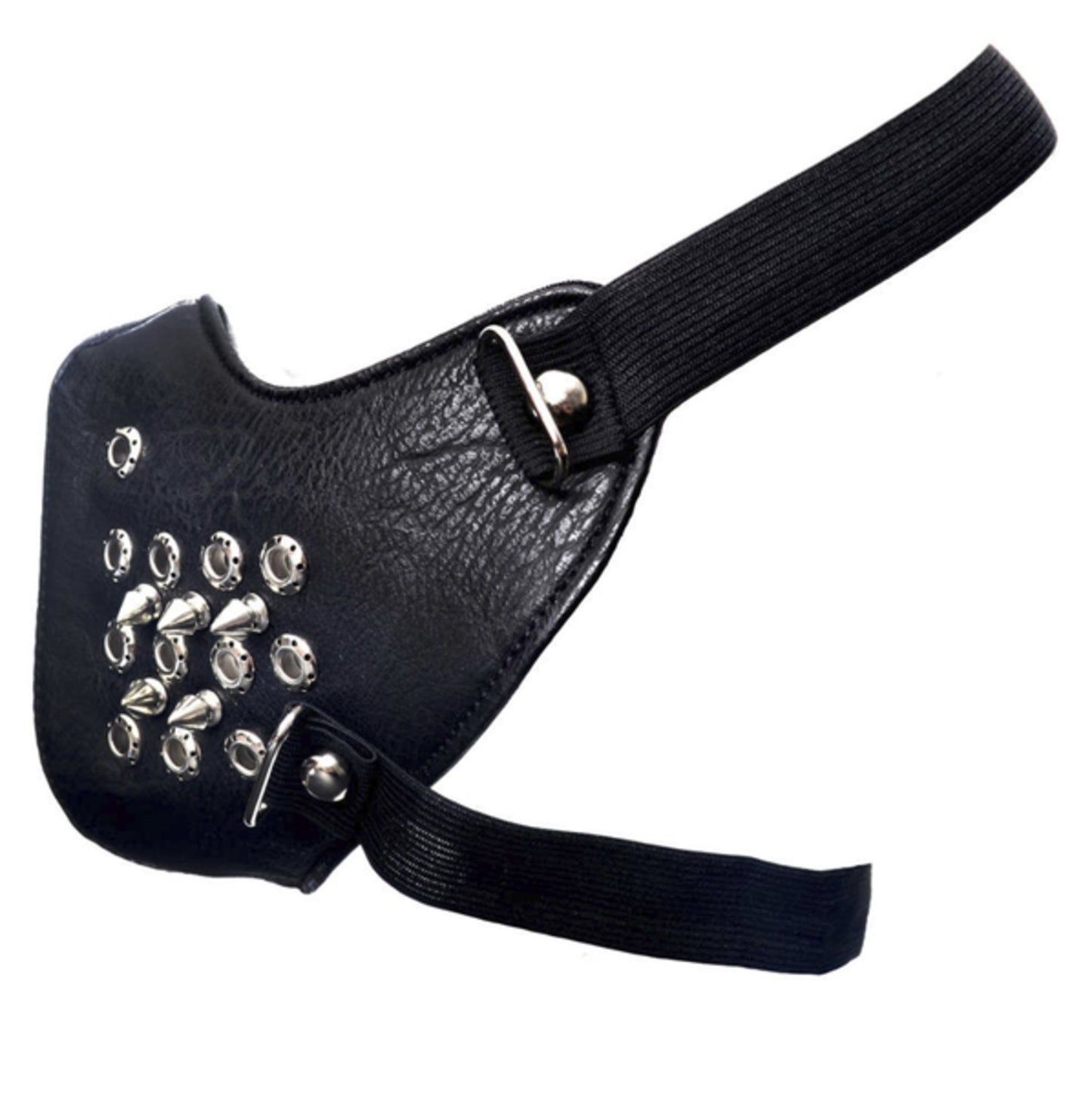 Svart ansiktsmask i konstläder med perforerade ringar & spikes