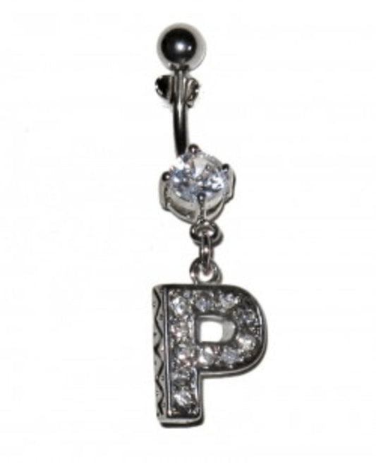 Navel Piercing with white crystals - the letter P