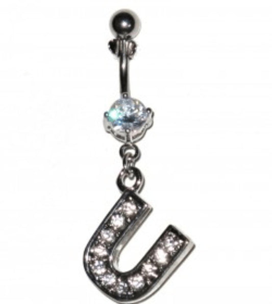 Navel Piercing with white crystals - the letter U