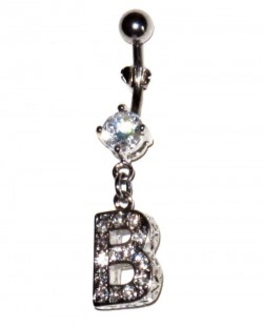 Navel piercing with white crystals - the letter B