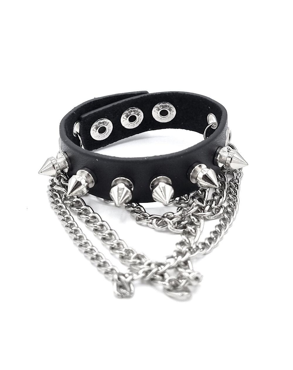 Svart Läderarmband med Spetsiga Nitar & Kedjor – Punkrock Cuff –  produktbild – Hiprock
