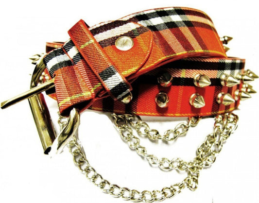 Rivet belt with spike rivets and three chains