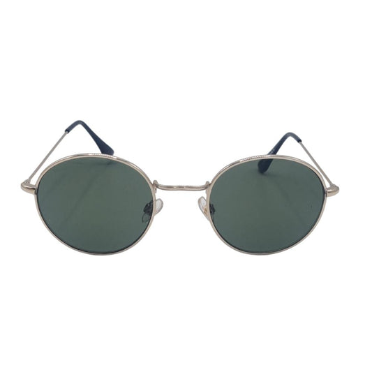 Round sunglasses with dark lenses and gold-colored frames