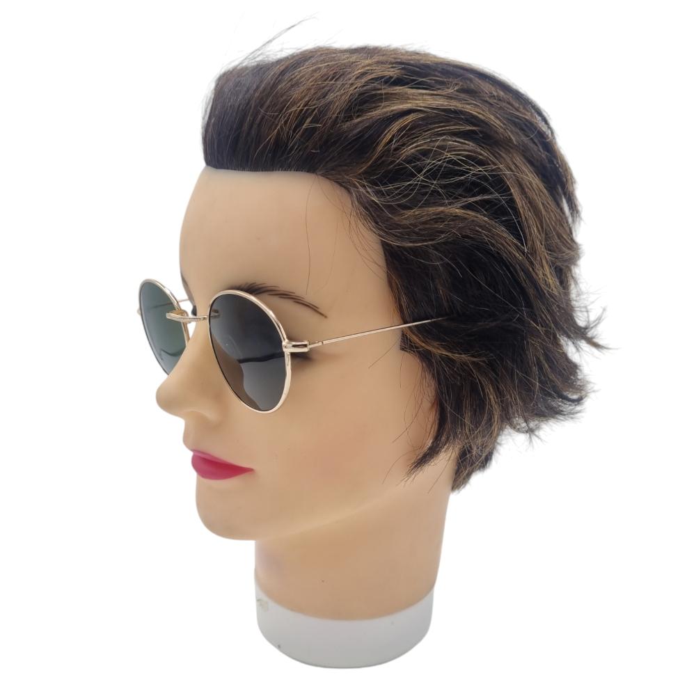 Round sunglasses with dark lenses and gold-colored frames