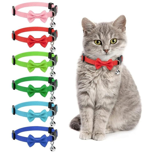 Söpö kissan kaulus, jossa rusetti ja kello - säädettävä ja mukava