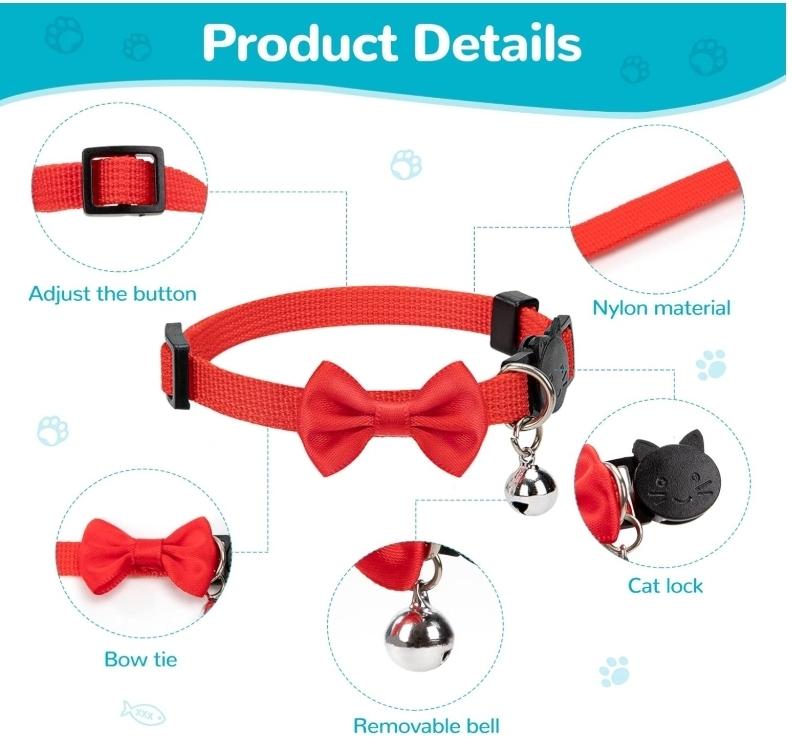 Söpö kissan kaulus, jossa rusetti ja kello - säädettävä ja mukava