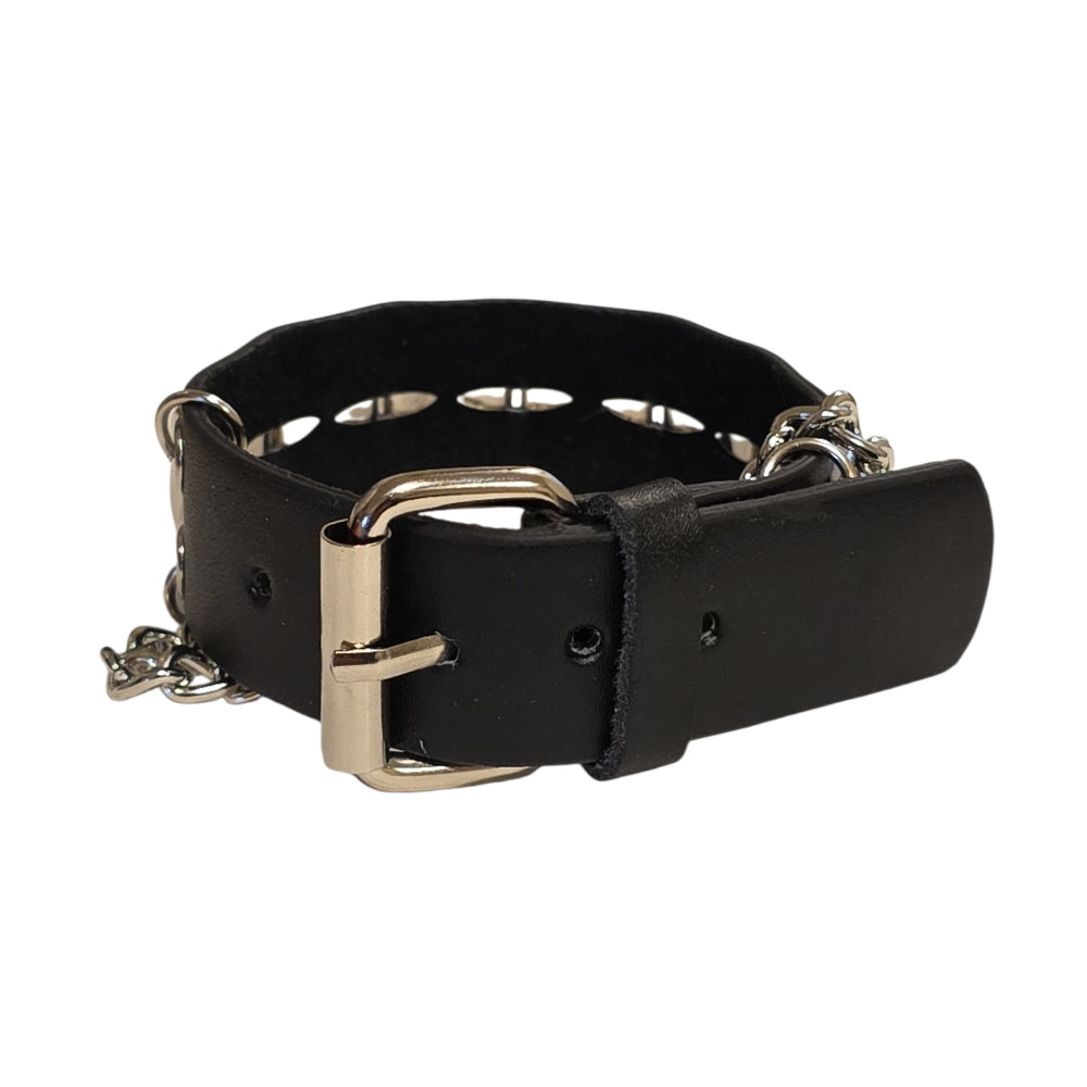 Black Leather bracelet with pyramid studs and chains