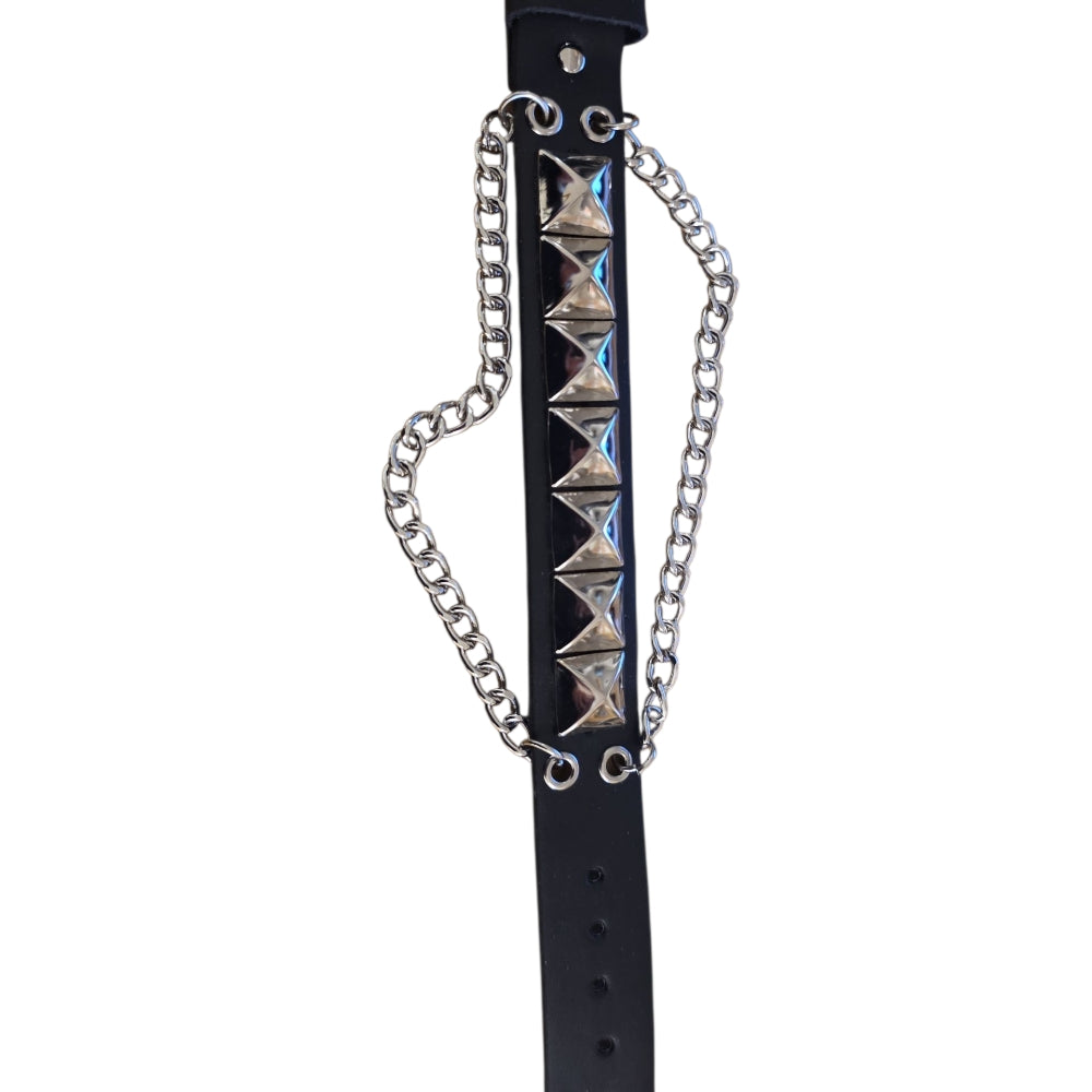 Black Leather bracelet with pyramid studs and chains