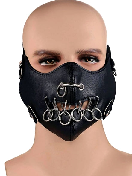 Svart ansiktsmask i konstläder med O-ringar & stavar (justerbar)