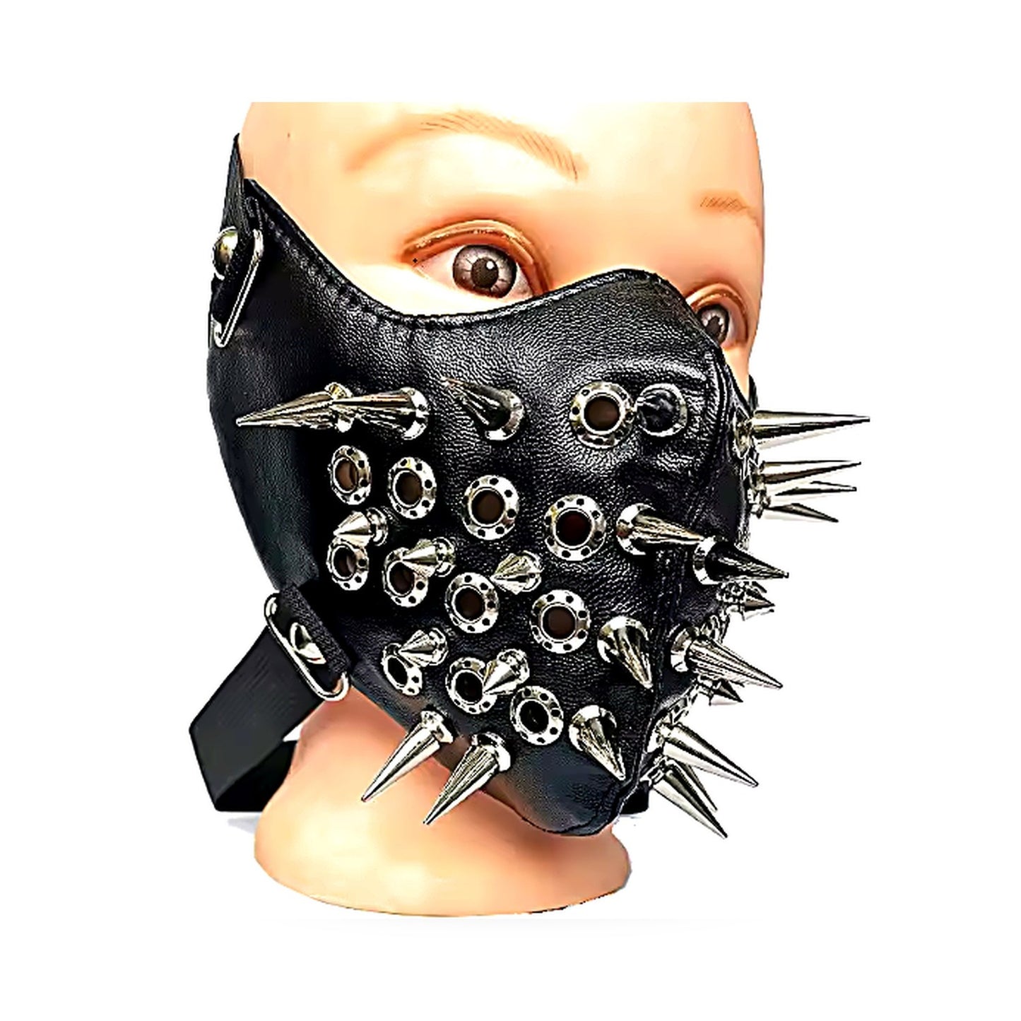 Svart ansiktsmask i konstläder med perforerade ringar & extra långa spikes