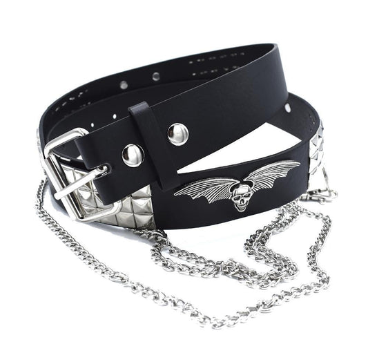 Black rivet belt with silver chains Skull